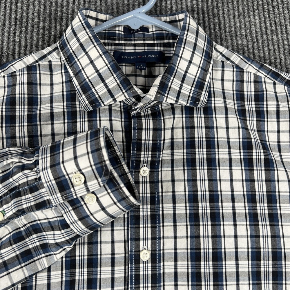 Tommy Hilfiger Shirt Mens 16 34-35 Slim Fit Blue Plaid Long‎ Sleeve Button Up